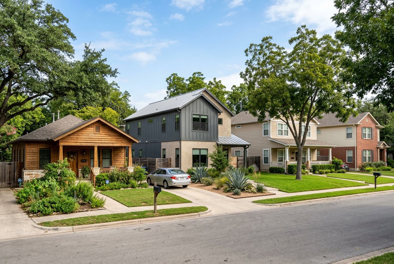 A neighborhood in Austin, Texas with several houses showing different types of siding materials like wood, vinyl, and brick under a clear blue sky.