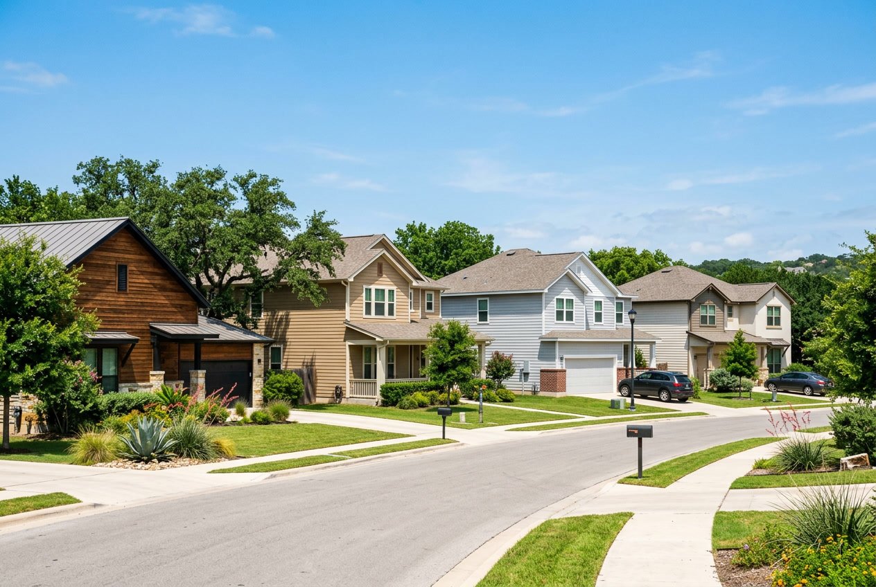 A neighborhood of houses in Austin with different types of siding under a clear blue sky and green trees.