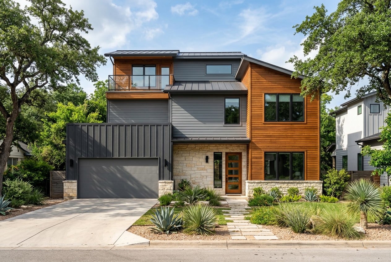 Exterior view of a modern home in Austin, Texas, showing different types of siding materials on the house under clear skies with green landscaping.