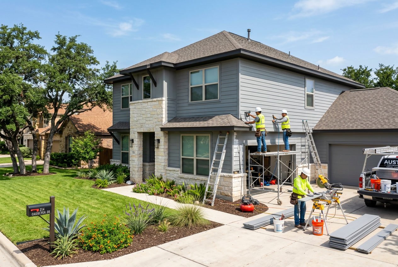 Workers replacing siding on a suburban house with tools and materials around on a sunny day.