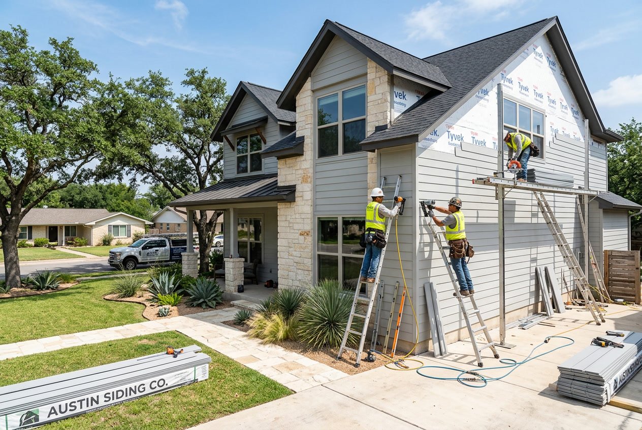 Workers replacing siding on a suburban house with a lawn and trees in Austin, Texas.
