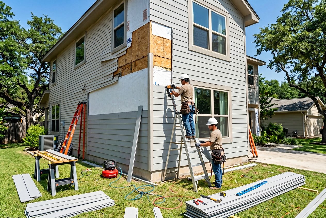 Workers installing new siding panels on a suburban house exterior on a sunny day.