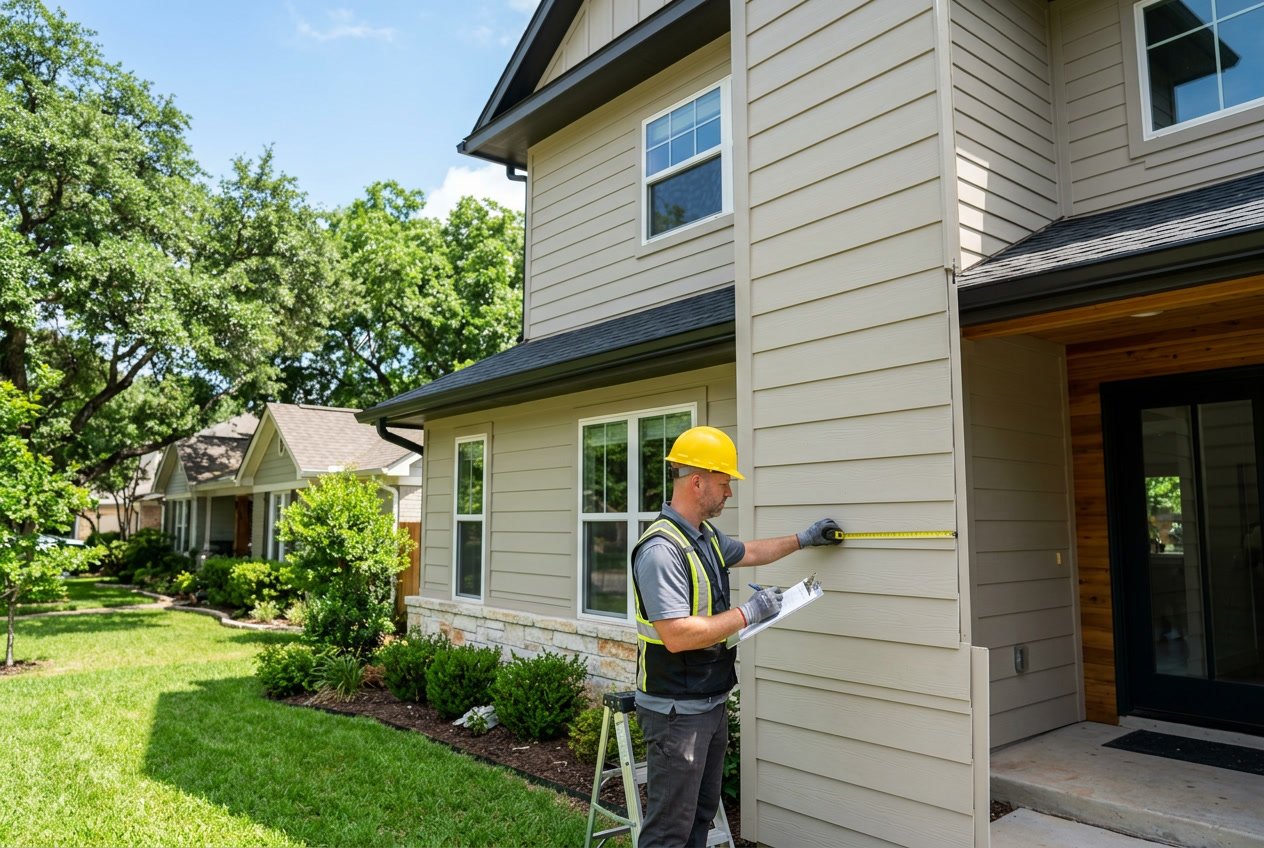 A contractor inspects newly installed siding on a house exterior in a sunny suburban neighborhood.