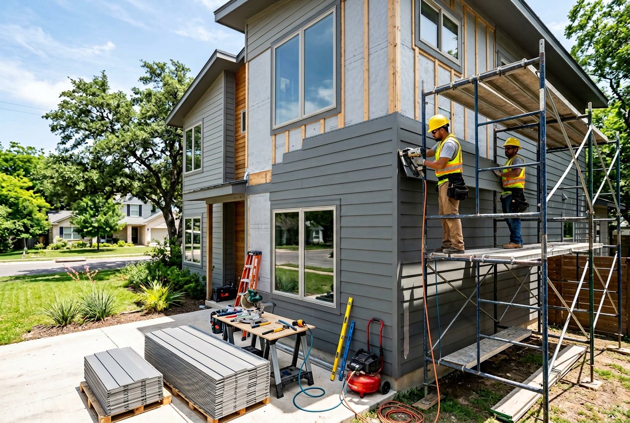 Workers installing siding on a residential house exterior in a sunny Austin neighborhood.