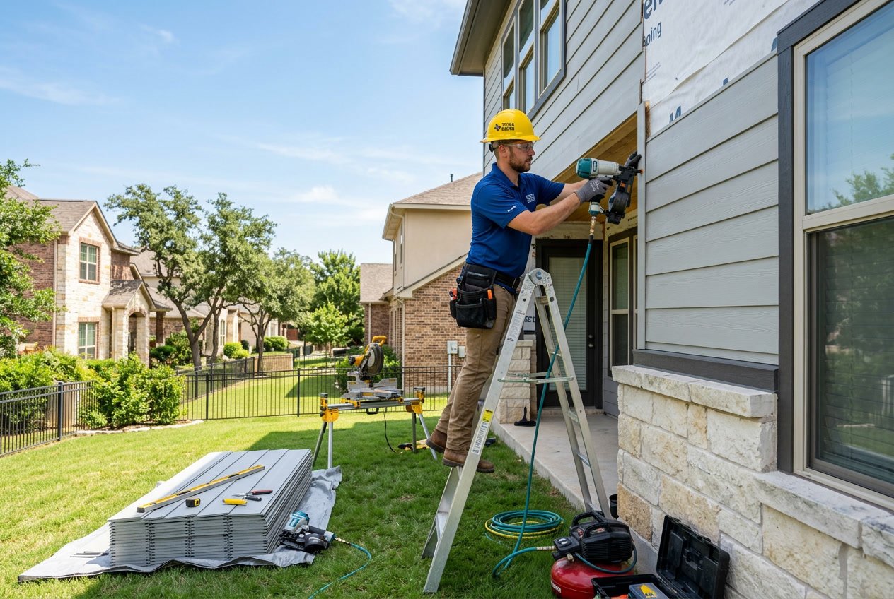 A worker installing siding on a suburban house exterior with tools and houses in the background.