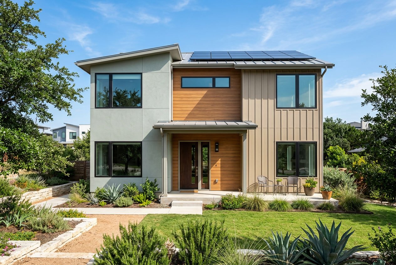 A modern house in Austin, Texas with energy-efficient siding and solar panels under clear blue skies.