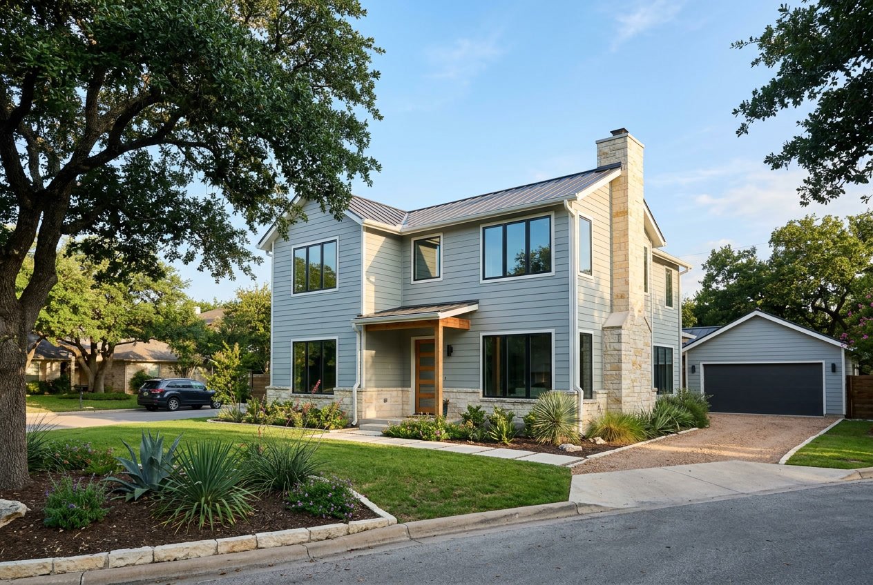 A modern house in Austin with energy-efficient siding, surrounded by trees and greenery under a clear sky.