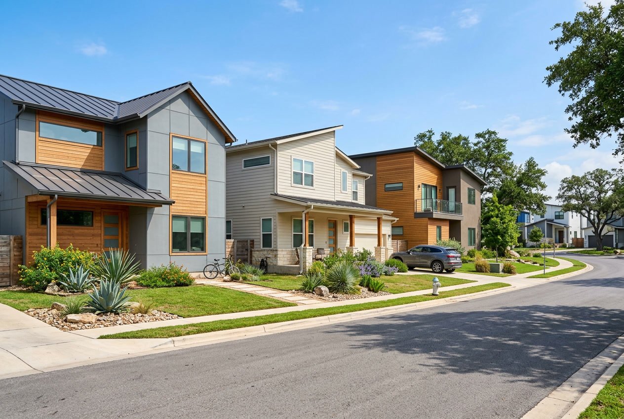 A sunny residential neighborhood in Austin, Texas with modern houses featuring different types of siding and green lawns.