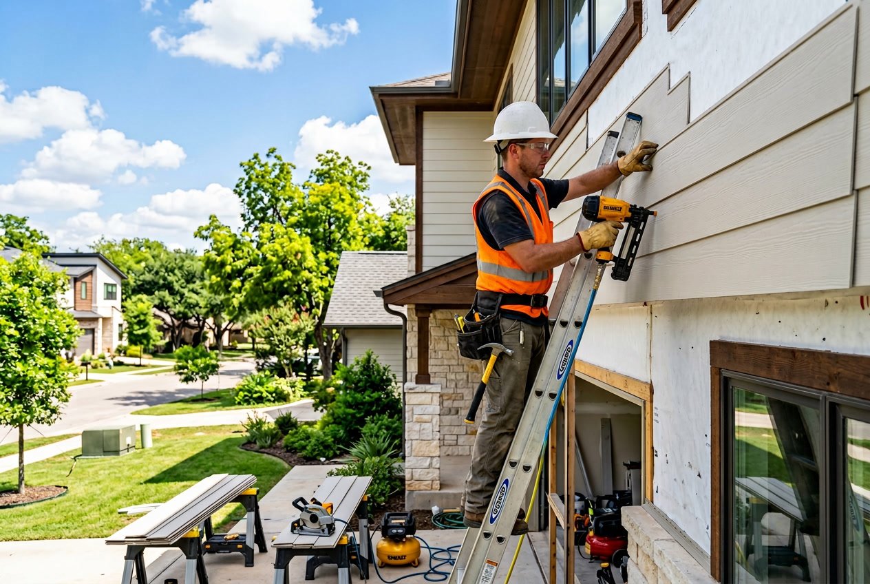 Construction worker installing siding on a house exterior on a sunny day in a suburban neighborhood.
