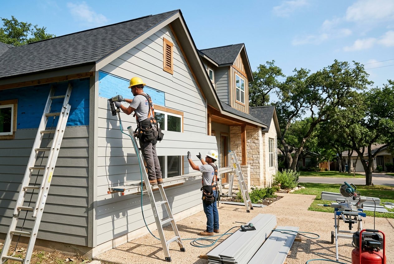 Workers installing siding panels on a suburban house in Austin during the daytime.
