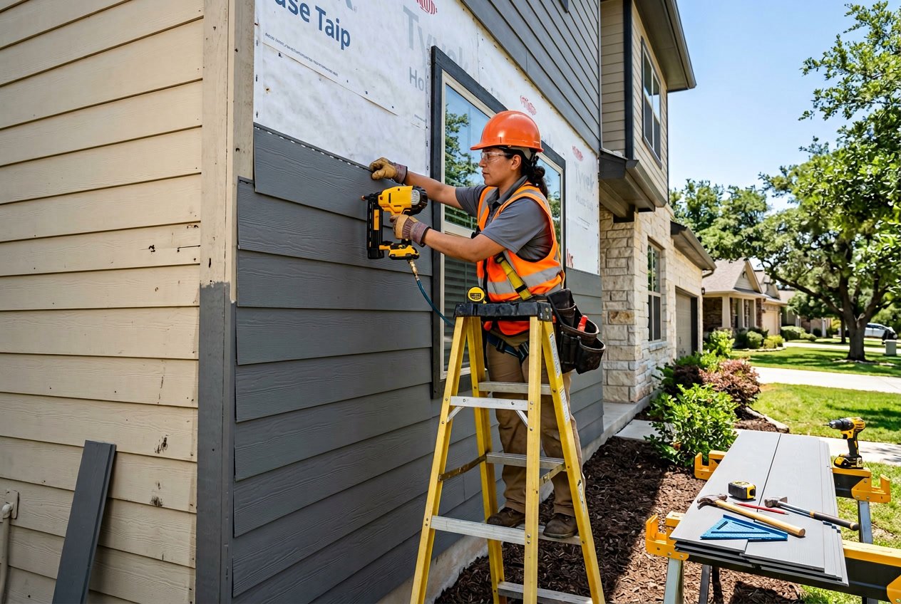 Worker installing siding panels on a house exterior on a sunny day in a suburban neighborhood.