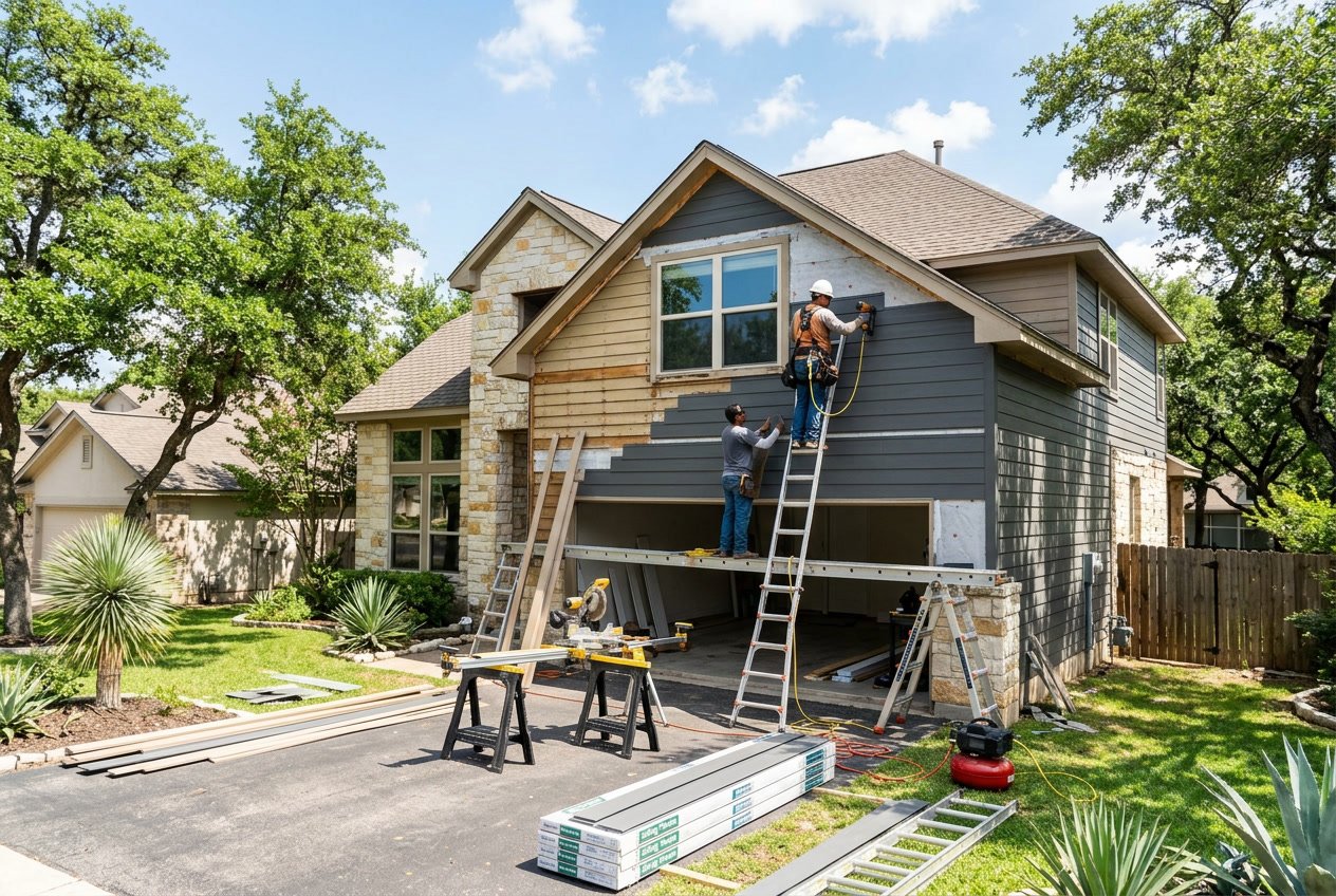 Workers installing new siding on a suburban house with tools and materials around, under a clear blue sky with trees and lawn nearby.