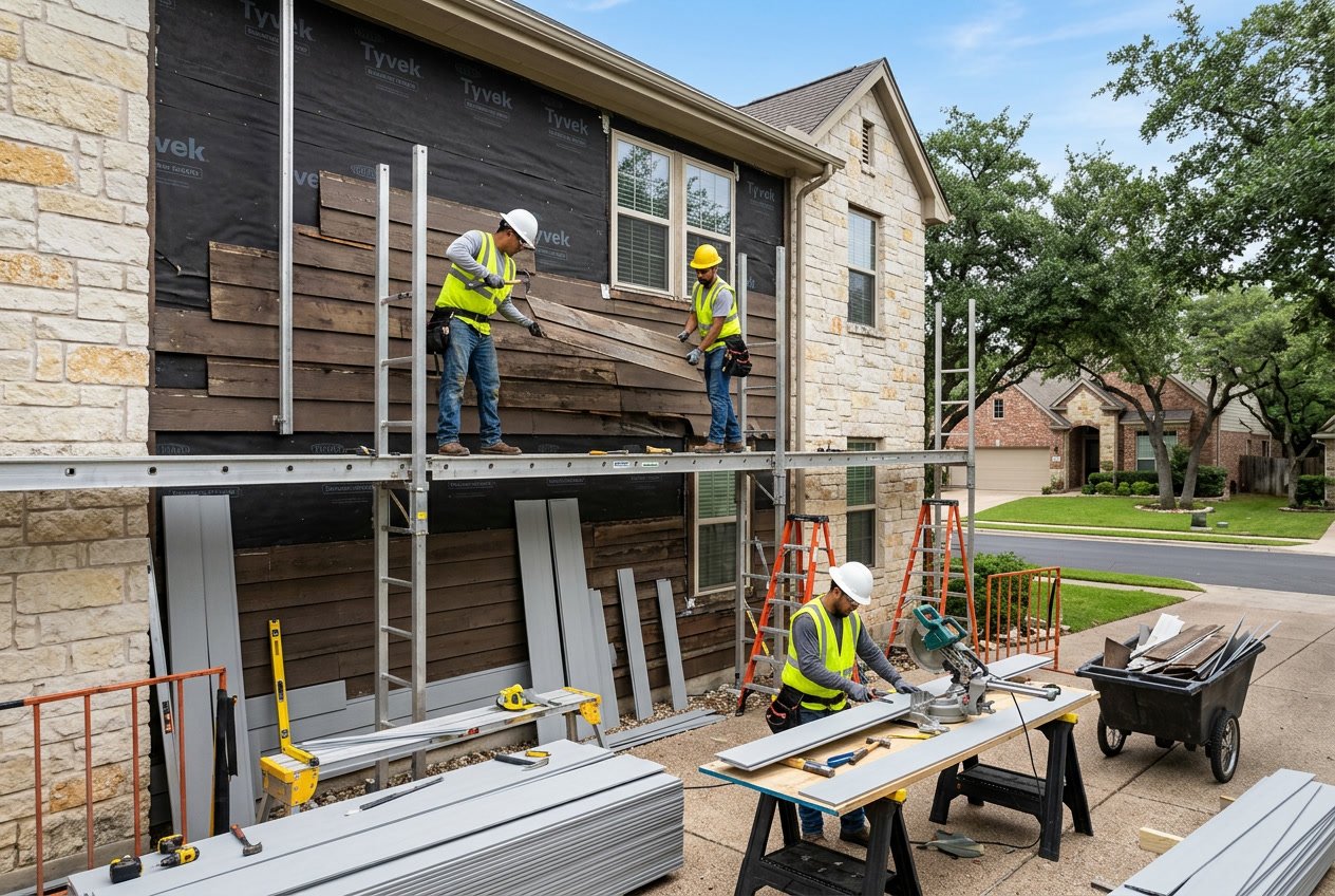 Workers replacing siding on a house exterior in a suburban neighborhood with construction tools and materials around.