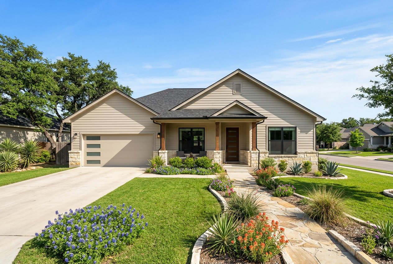 A modern suburban house with clean vinyl siding surrounded by green grass and native Texas plants under a clear blue sky.