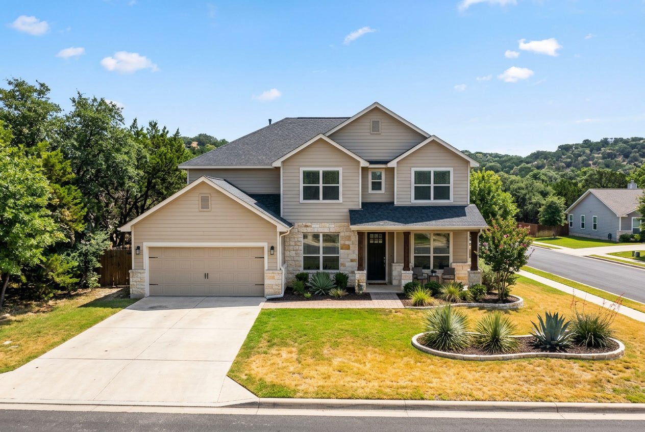 A modern suburban house in Austin with clean vinyl siding under a sunny sky and surrounding greenery.