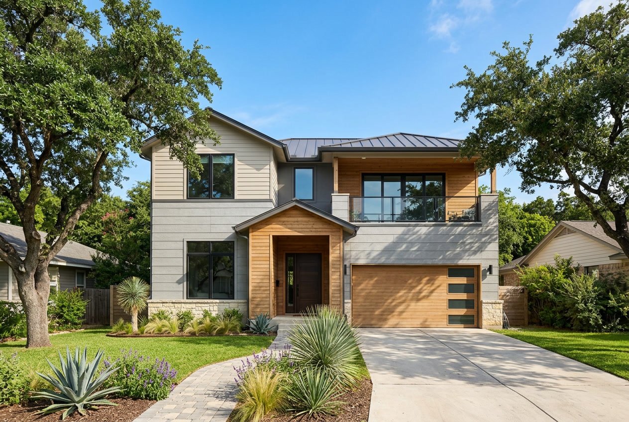 A modern house exterior in Austin with different types of siding materials and native Texas plants around it under a clear sky.