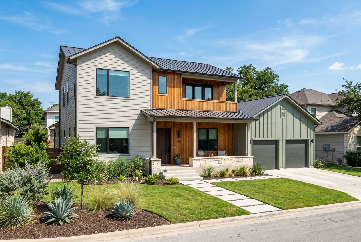 A modern suburban house in Austin with different types of siding materials visible on the exterior under a clear blue sky.