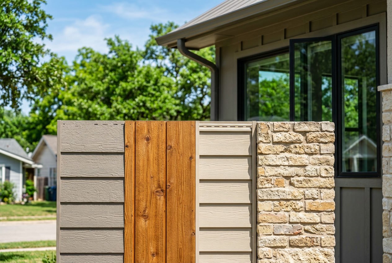 Close-up view of different siding materials on a house exterior with trees and blue sky in the background.