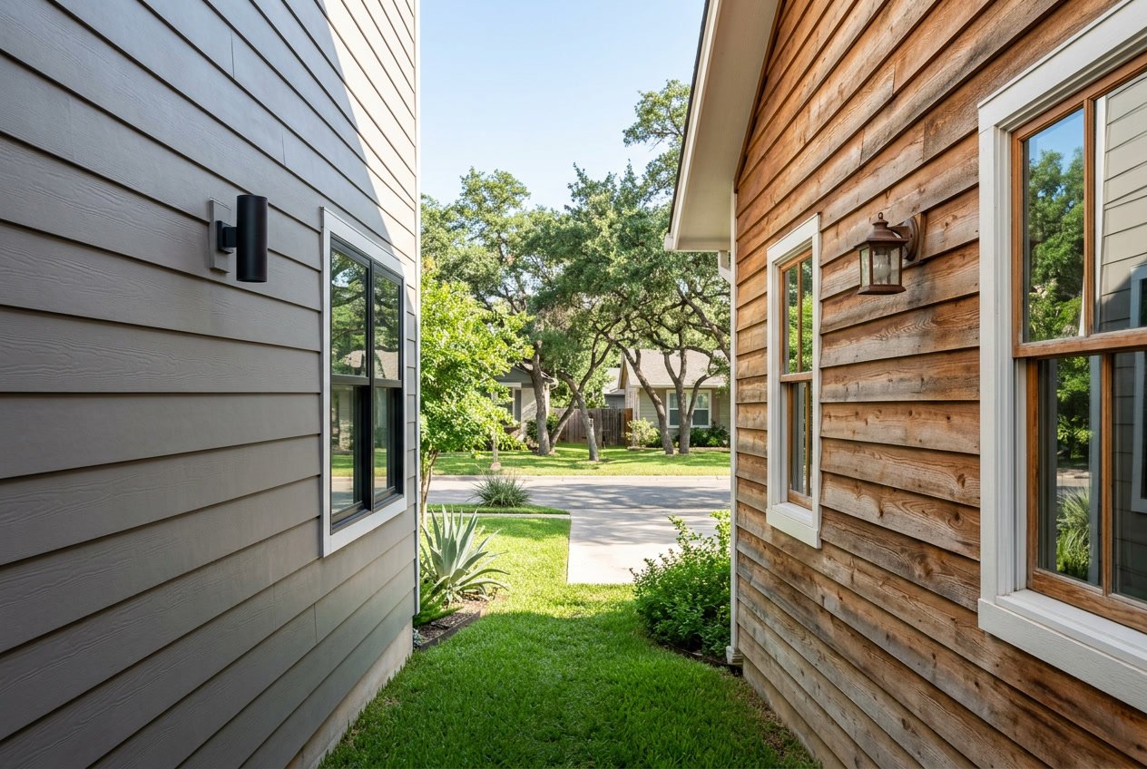 Side-by-side view of two house exterior walls, one with fiber cement siding and the other with wood siding, in a sunny Austin neighborhood.