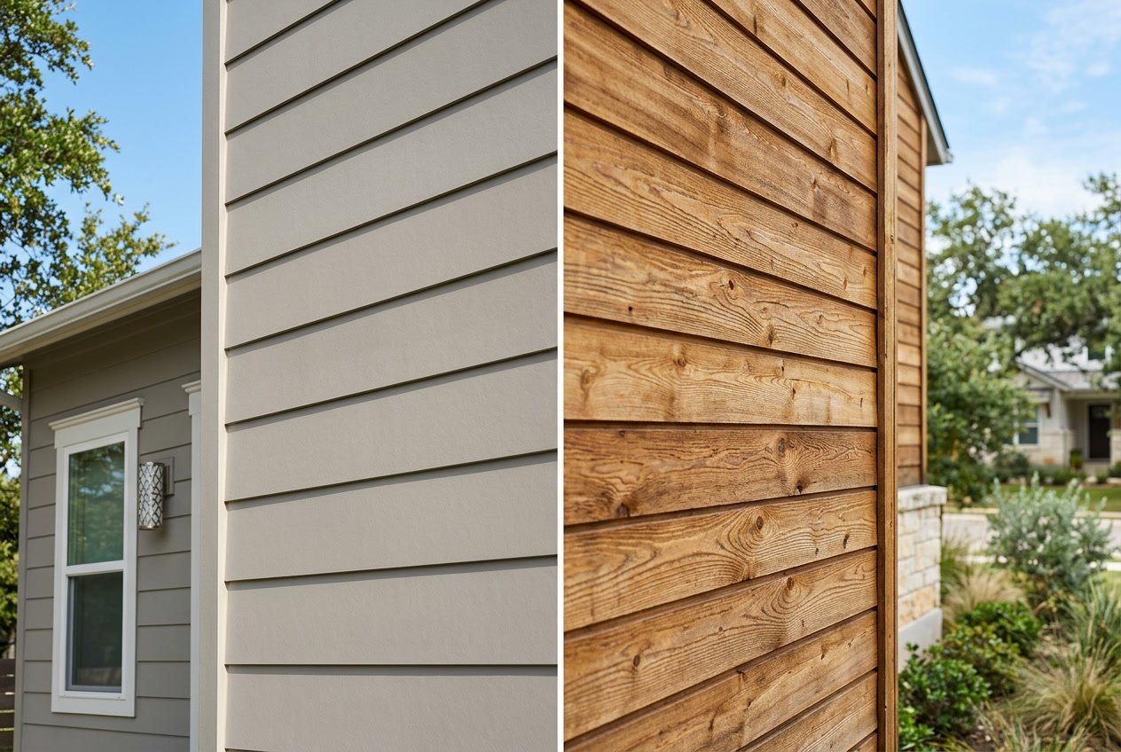 Close-up view of two house exterior walls side by side, one with fiber cement siding and the other with wood siding, under a clear blue sky.