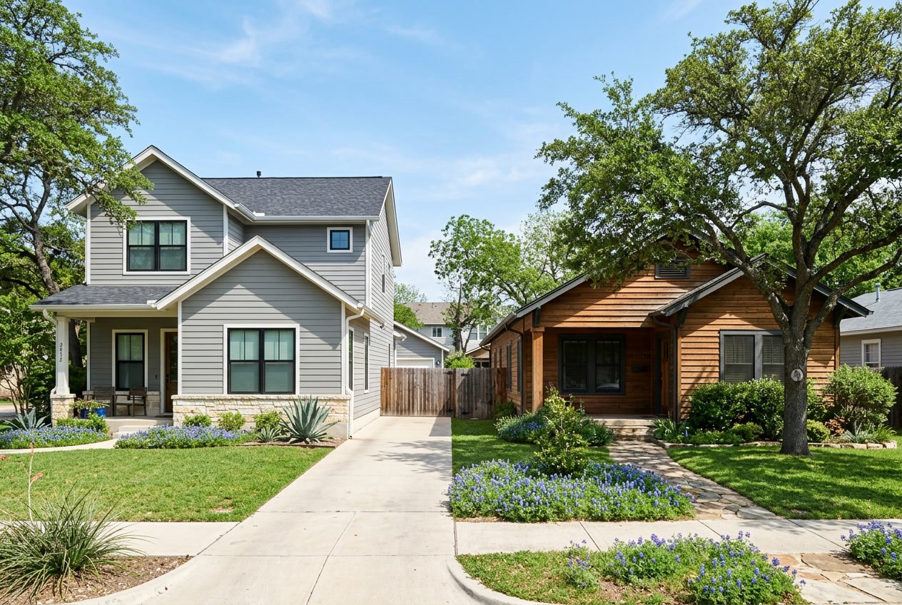 Two neighboring houses in Austin showing fiber cement siding on one and wood siding on the other under clear skies with green lawns and trees.