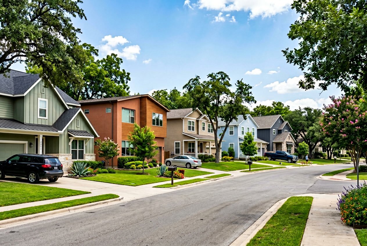 Neighborhood street with several houses featuring different siding colors, green lawns, trees, and a clear sky.