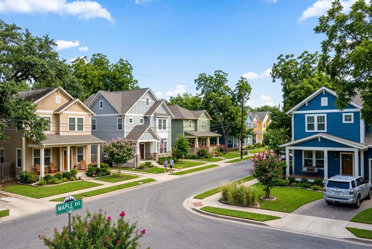 A sunny residential neighborhood in Austin, Texas with houses featuring different siding colors and green lawns.