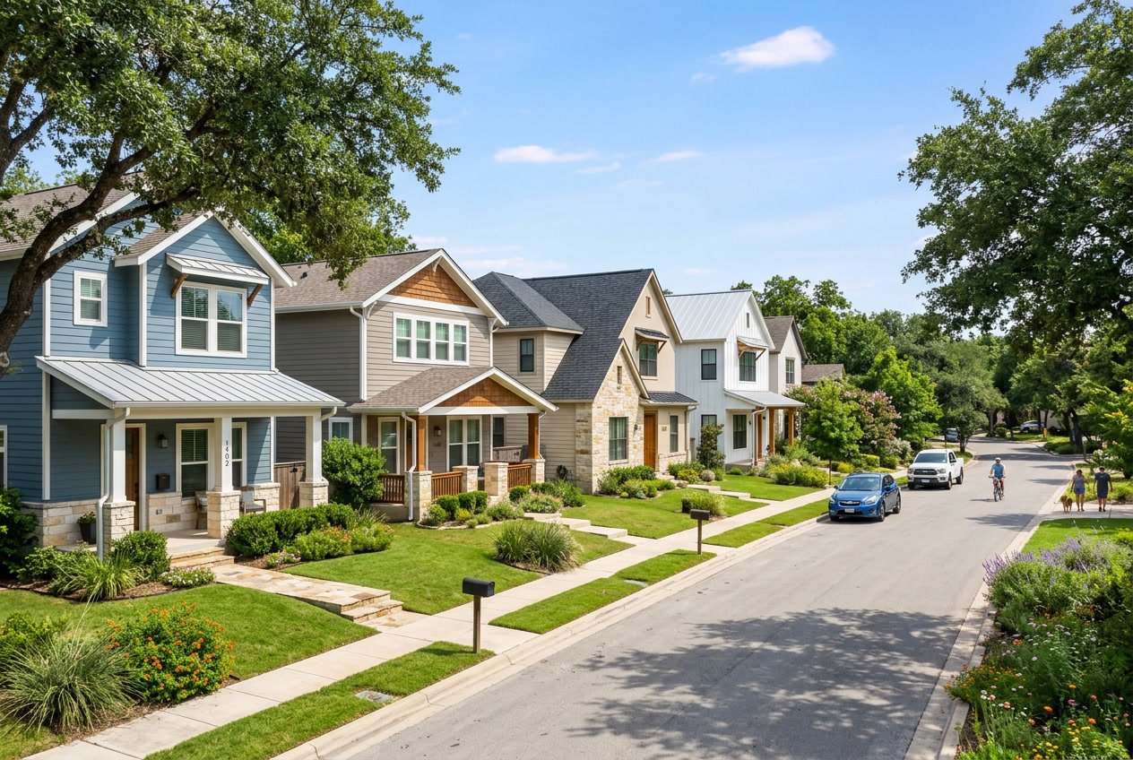 A sunny residential street in Austin, Texas, with several houses showing different siding colors and well-kept yards.