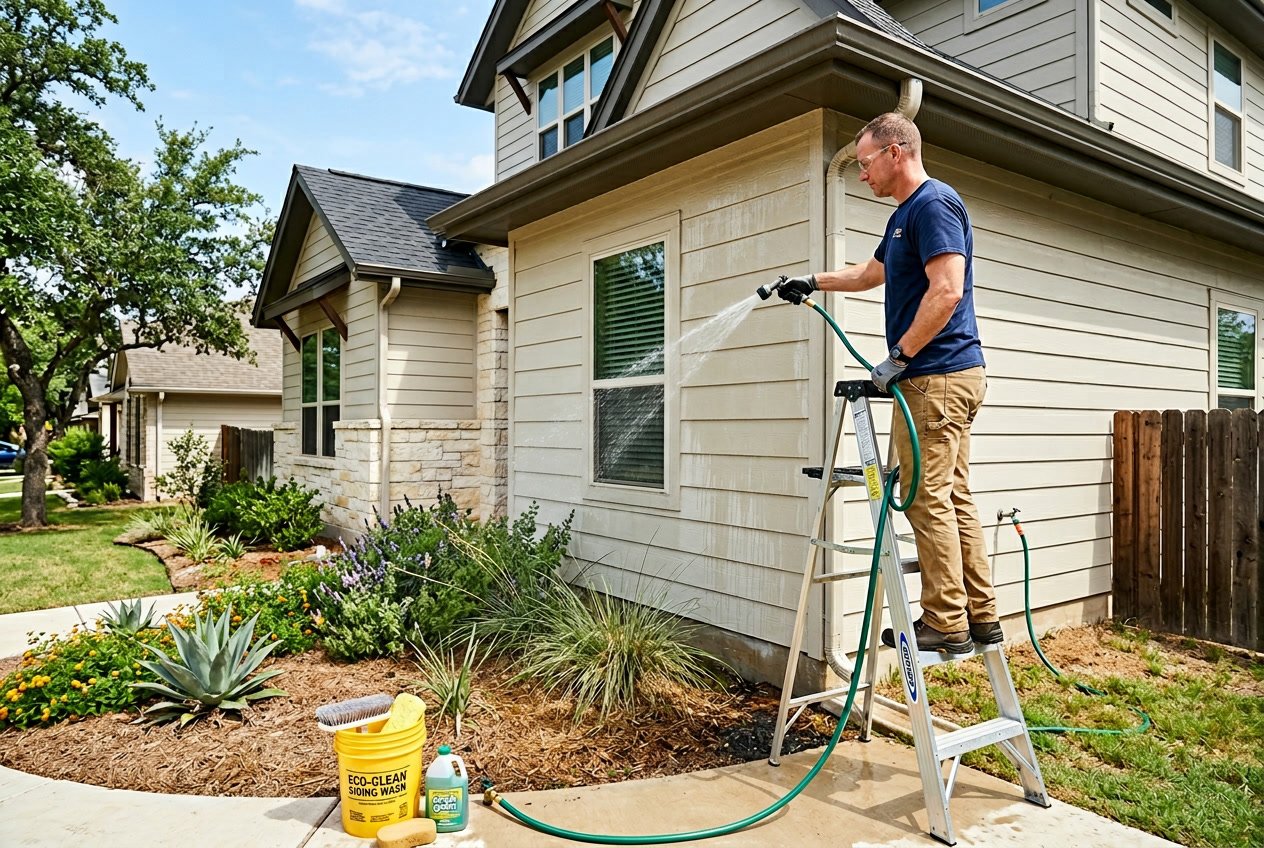 A person cleaning the siding of a house with a garden hose on a sunny day in a suburban Austin neighborhood.