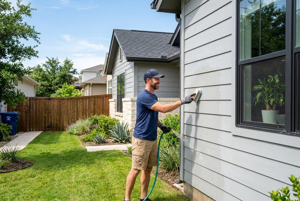 A person cleaning the siding of a house on a sunny day with greenery and a wooden fence in the background.