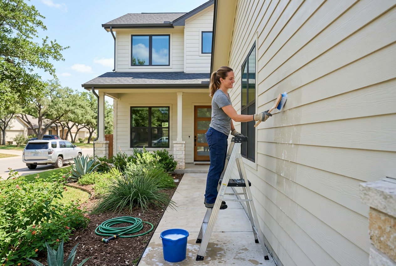 A person cleaning the siding of a house outdoors with a brush and bucket on a sunny day surrounded by trees and plants.