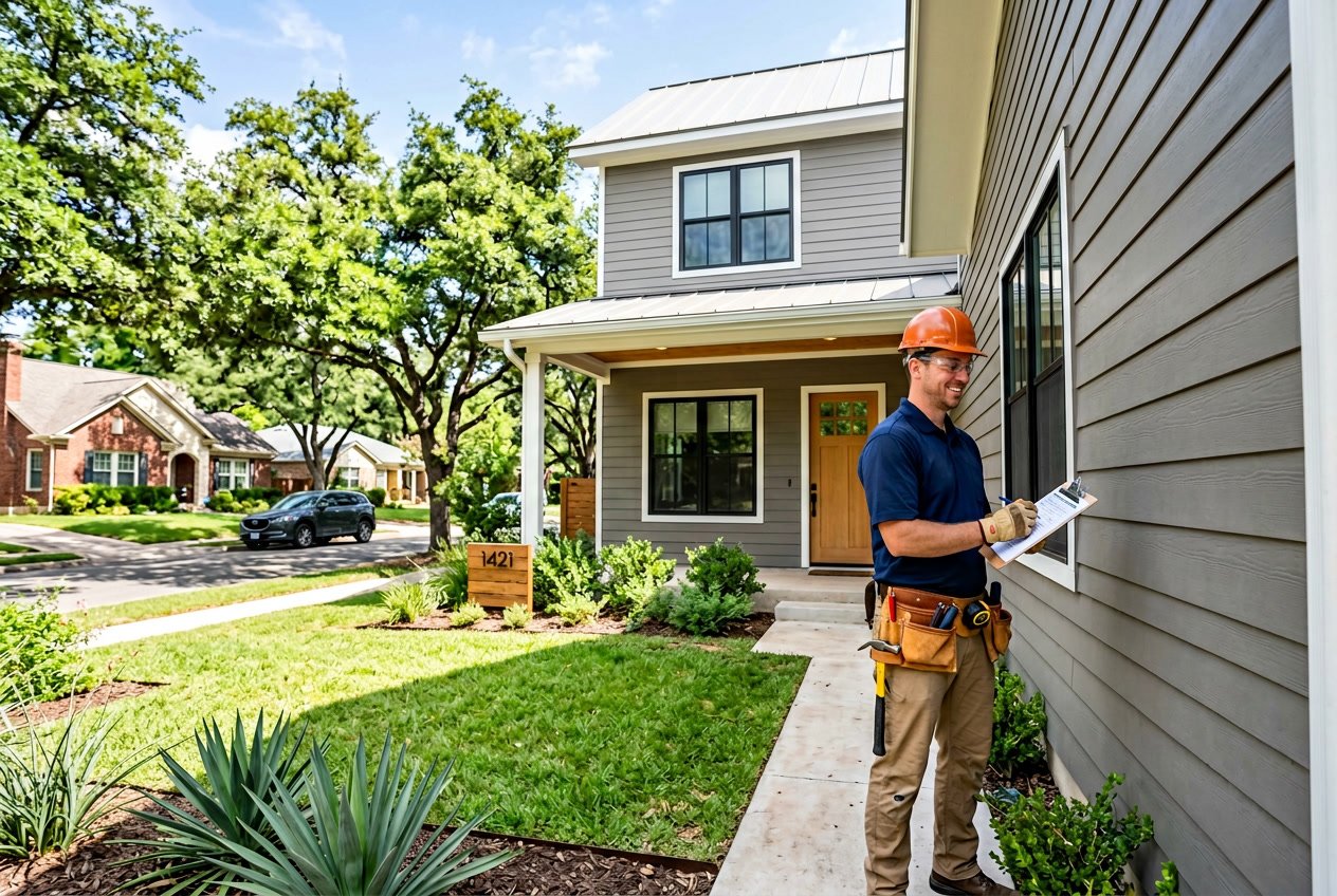 A contractor inspecting the siding of a modern house in a residential neighborhood with trees and clear skies.