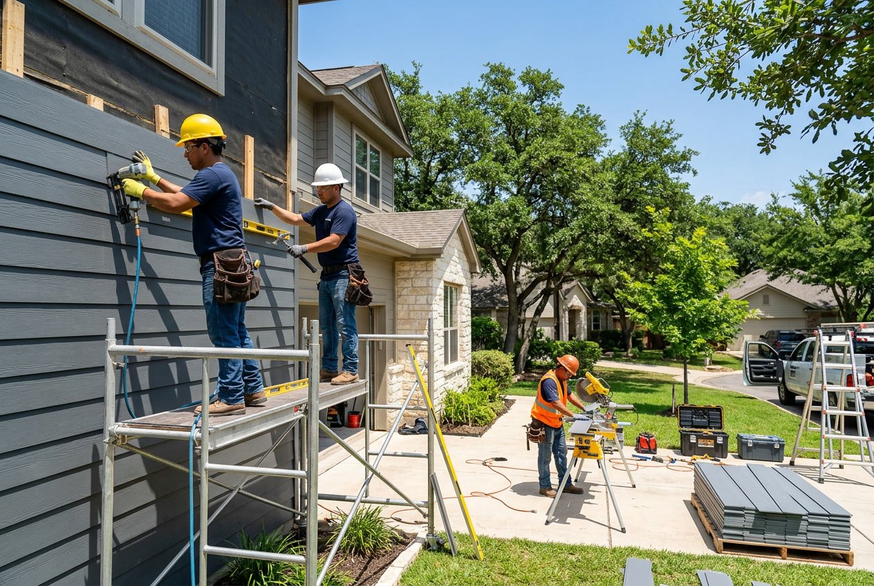 Contractors installing siding on a house exterior on a sunny day in a suburban neighborhood.