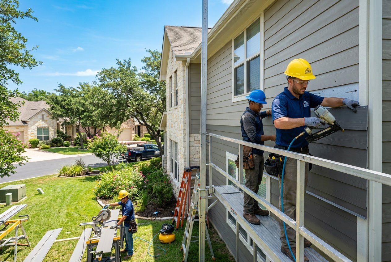 Contractors installing siding on a suburban house exterior with tools and safety gear on a sunny day.