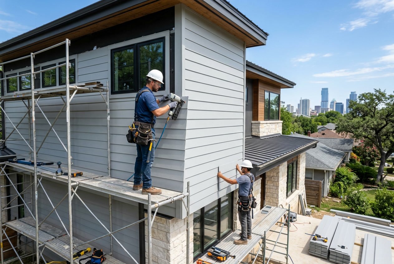 A team of siding contractors installing siding on a modern house exterior in Austin, Texas.