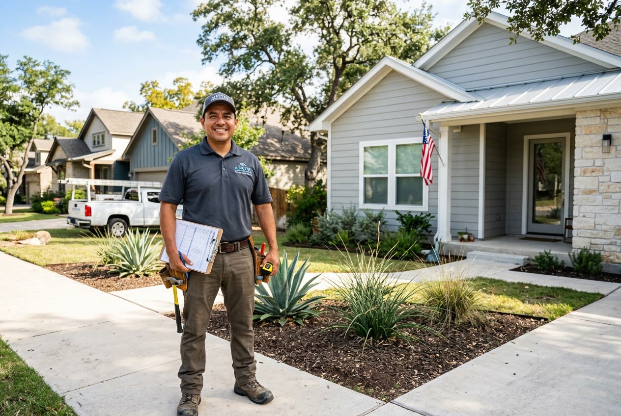 A siding contractor standing in front of a suburban home with new siding, holding tools and smiling.
