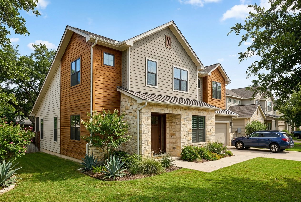 A modern house exterior in Austin showing different types of siding materials like wood, vinyl, fiber cement, and stone veneer under a clear blue sky.