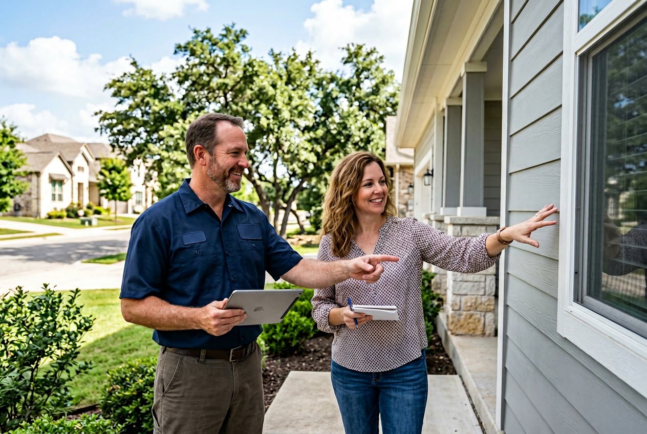 A siding contractor talking with a homeowner outside a house with new siding on a sunny day.