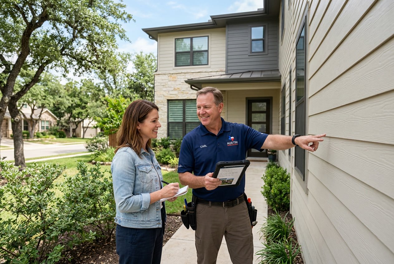 A siding contractor talking to a homeowner outside a suburban house with clean siding under a clear sky.