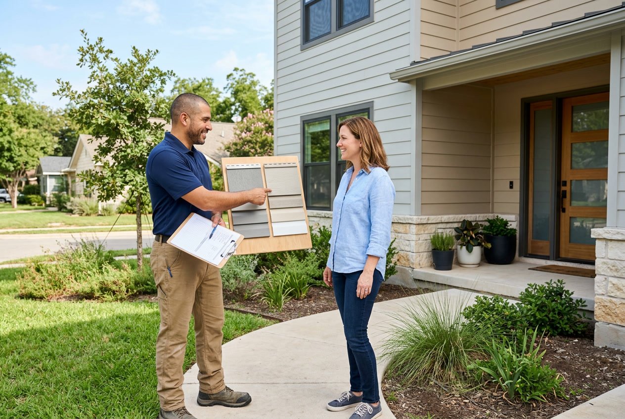 A siding contractor and homeowner discussing siding options outside a house on a sunny day.