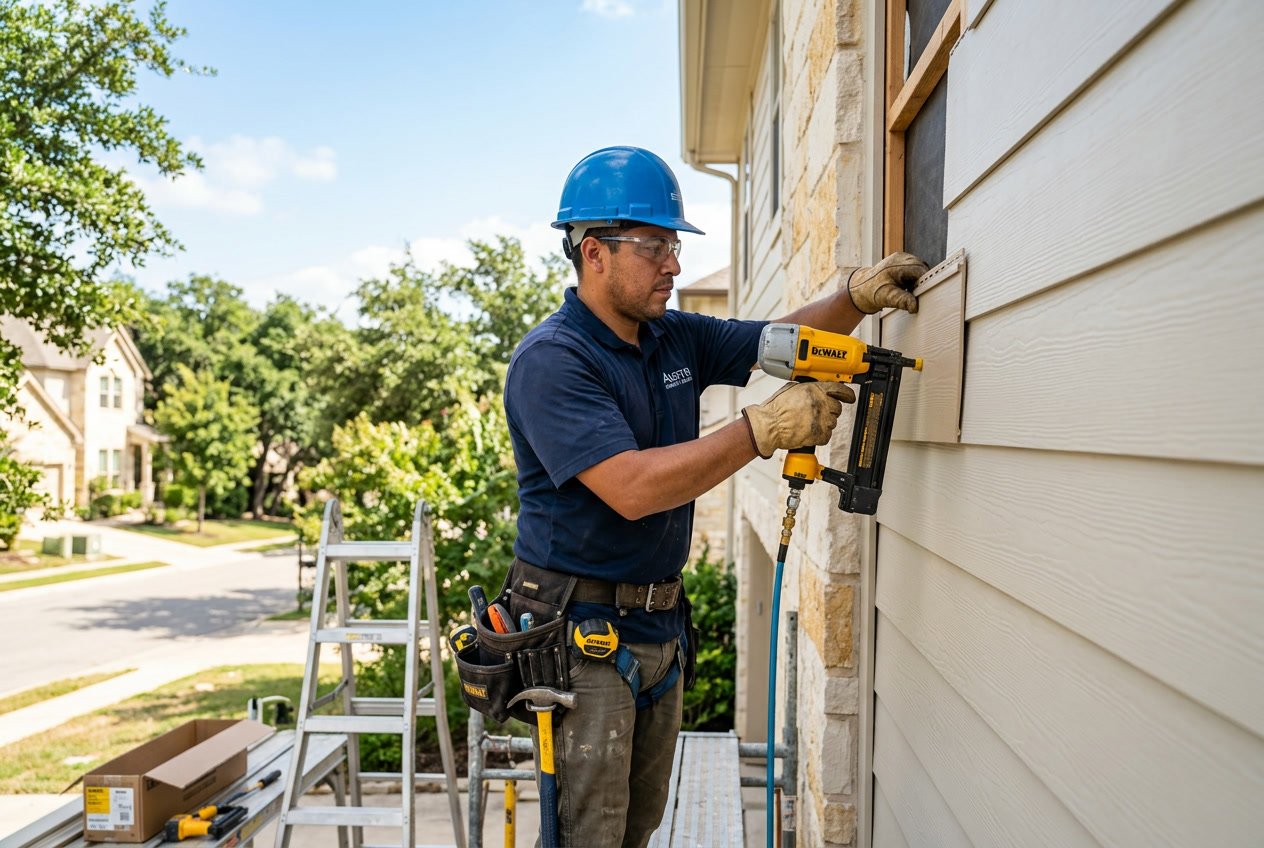 A worker repairing siding on a suburban house outdoors with clear skies and trees in the background.