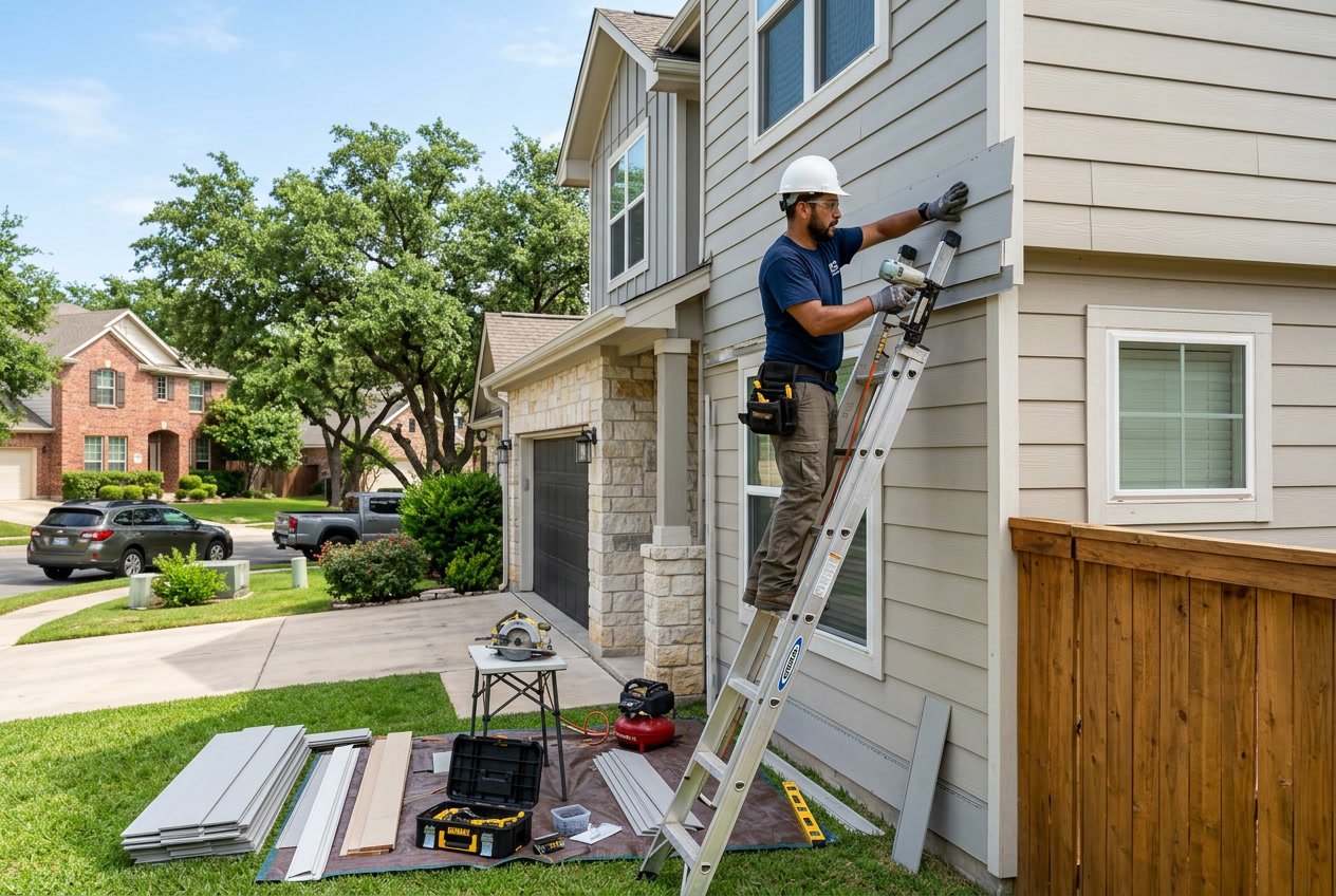 A worker repairing house siding on a suburban home outdoors during a sunny day.