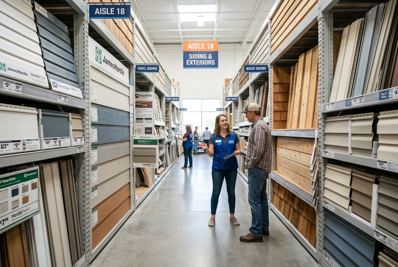 A home improvement store aisle displaying various siding materials with a customer and employee discussing options.