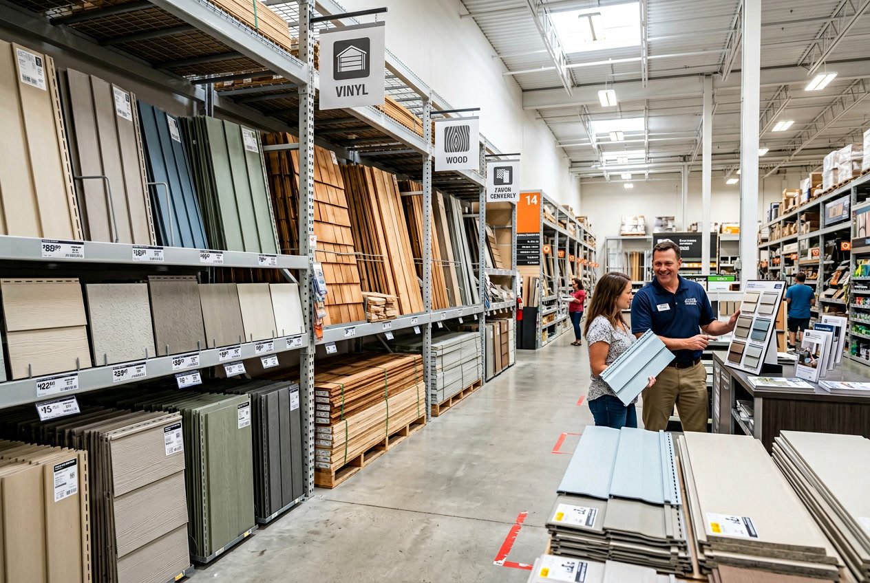 A home improvement store aisle with siding materials and a store employee helping a customer.