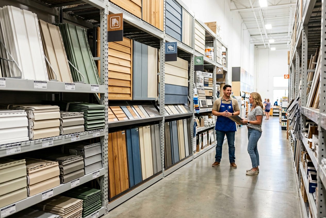 A home improvement store aisle displaying various siding materials with a customer talking to a store employee.