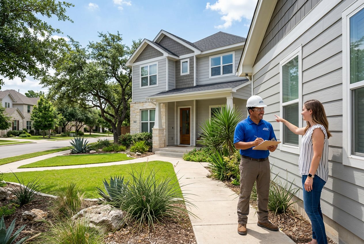A contractor and homeowner talking outside a house with new vinyl siding in a sunny Austin neighborhood.