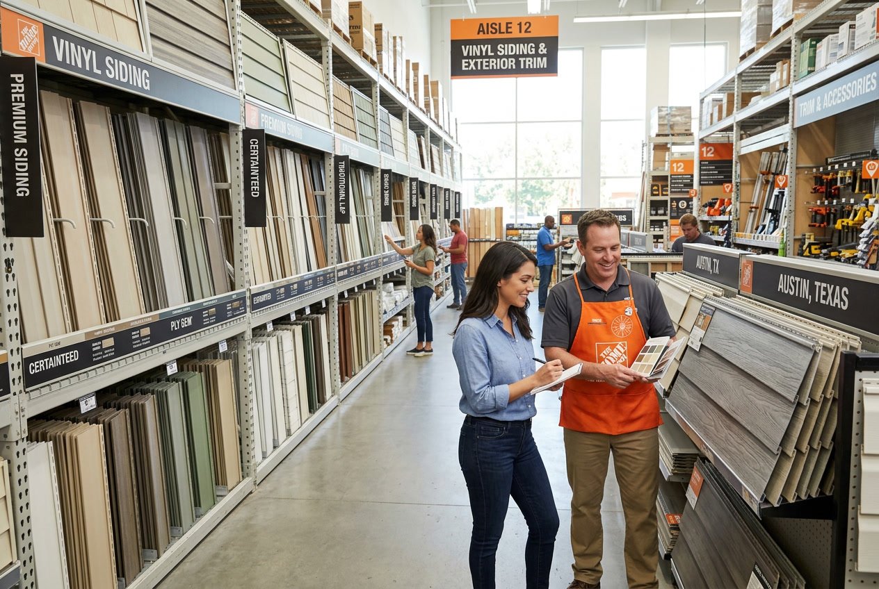 A customer and store employee looking at vinyl siding panels in a bright home improvement store aisle.