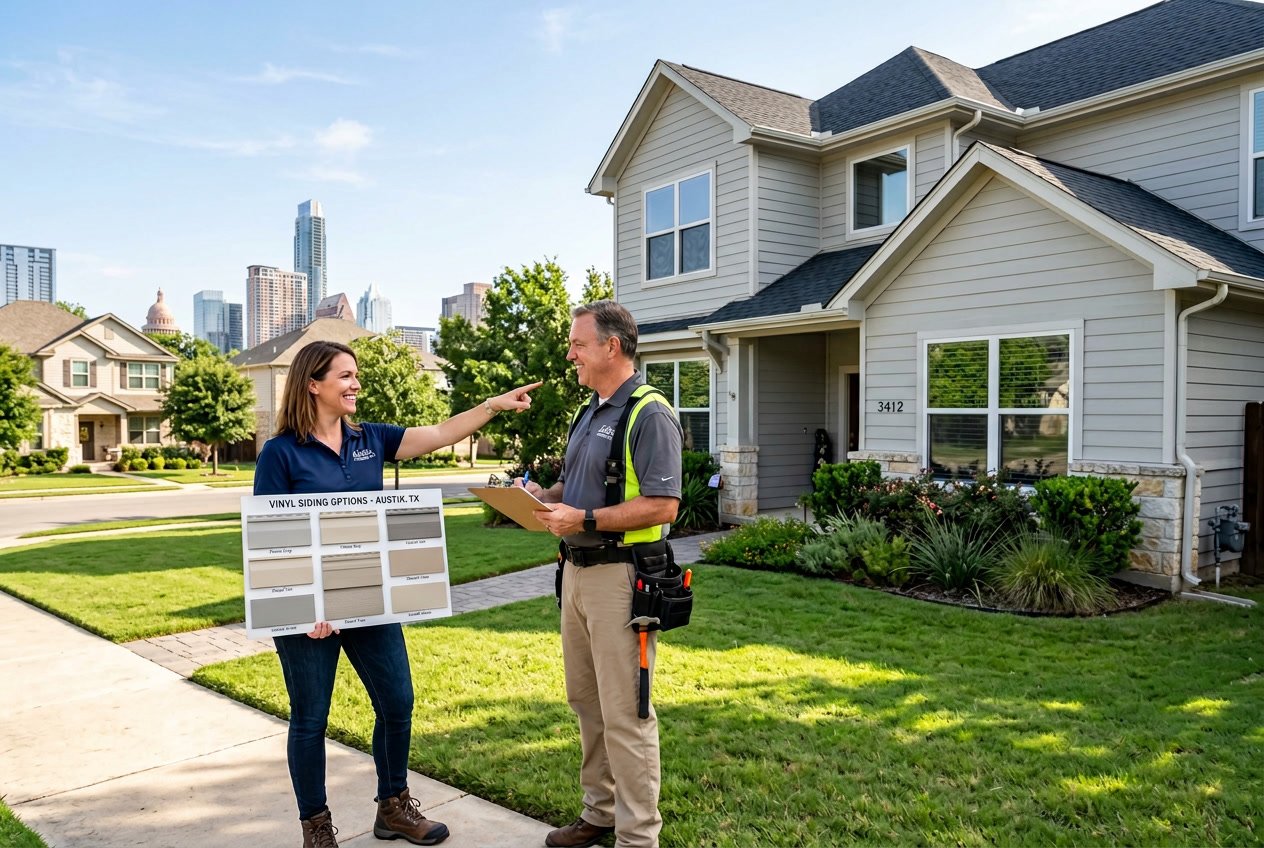 A person examining vinyl siding samples outside a modern house with new siding and greenery in Austin, Texas.