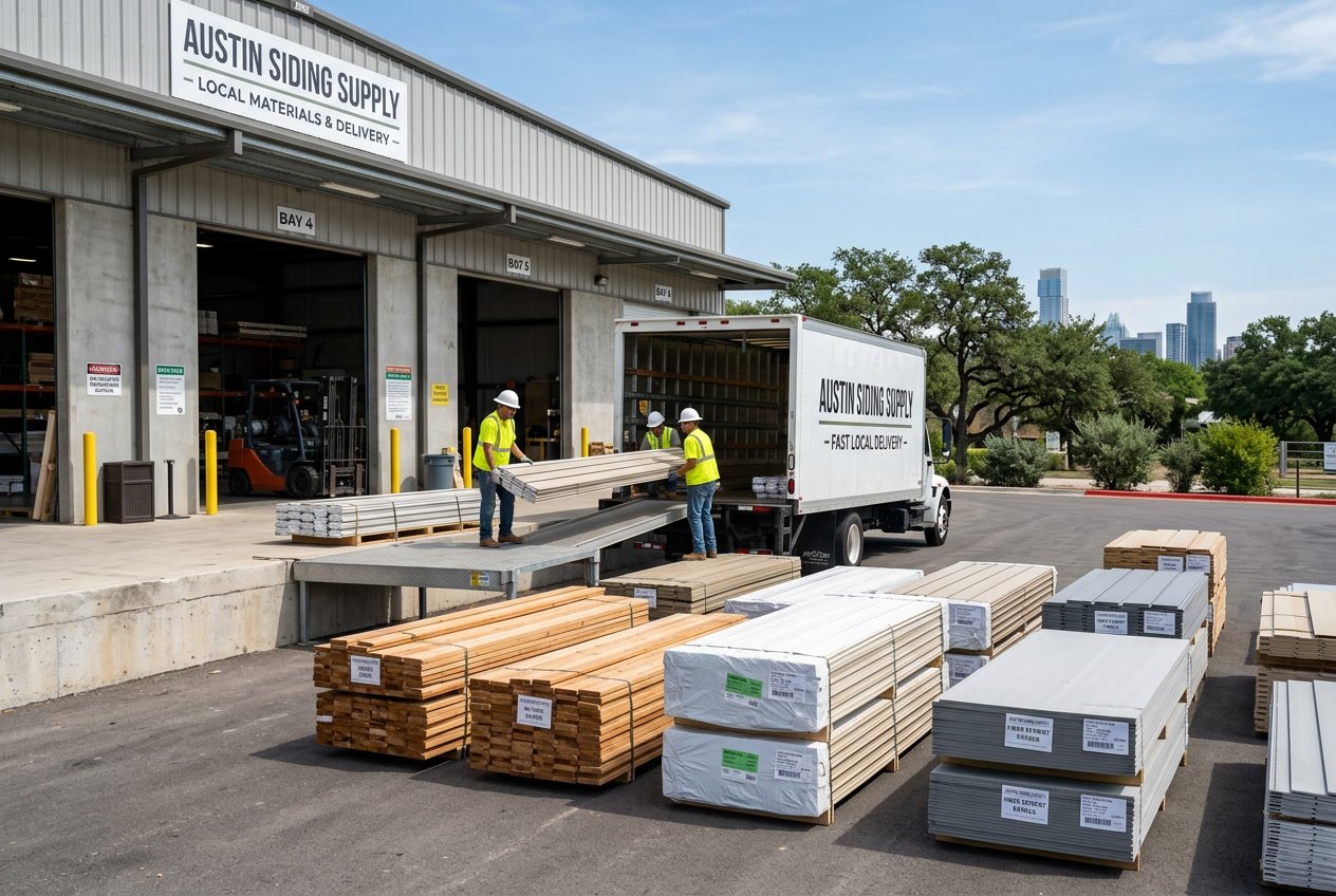 A delivery truck parked outside a siding supplier warehouse with workers loading siding materials in Austin, Texas.