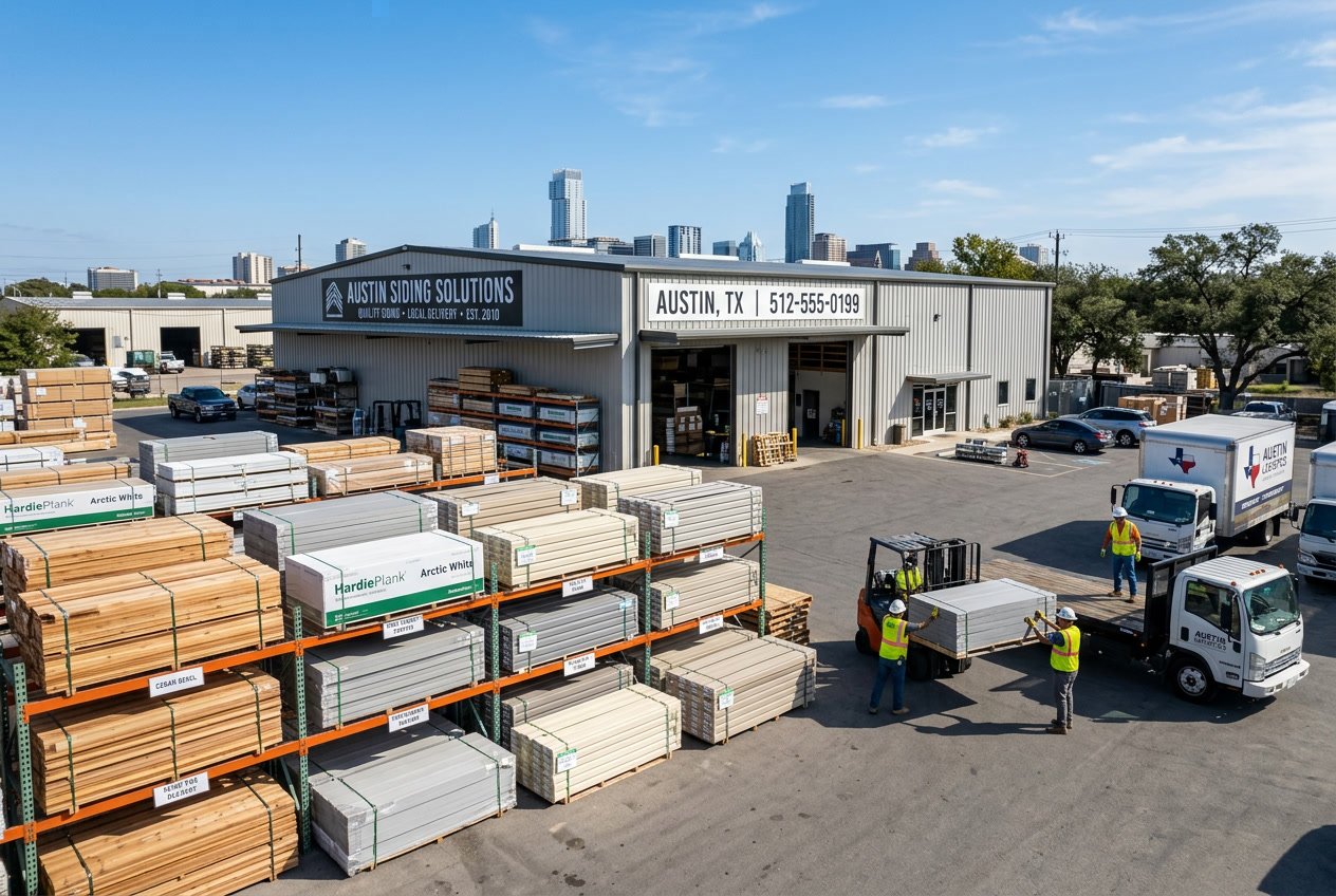 Warehouse with siding materials stacked outside and delivery trucks parked nearby under a clear sky.